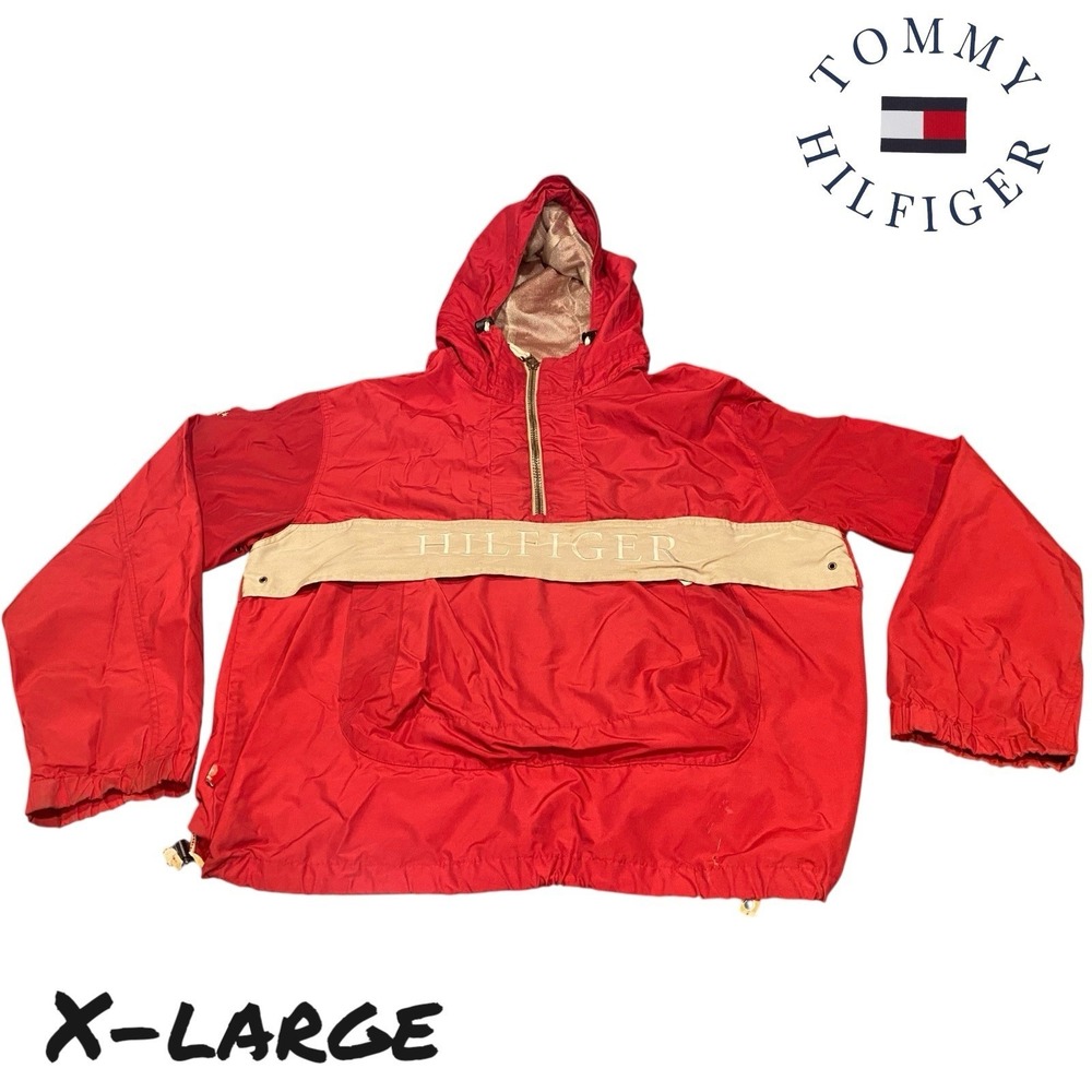 VTG 90s Tommy Hilfiger Jacket Pullover‎ Windbreaker Mens XL Red Spell Out Hood